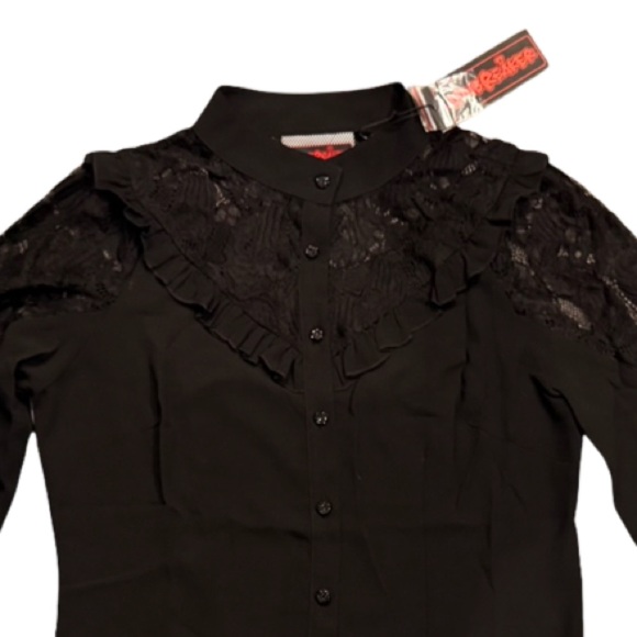 Jawbreaker Goth Black Lace Long Sleeve Blouse with lace print skulls. - Picture 6 of 10